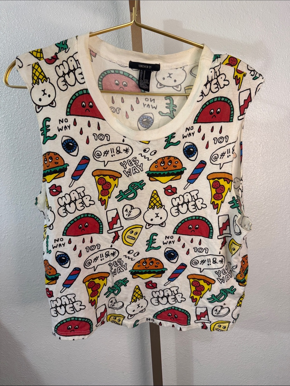 Forever 21- White Sleeveless Graphic Tank - Colorful Food & Fun Icons- medium